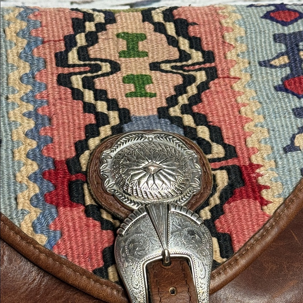 Handmade vintage western Aztec pattern Brown Leather Crossbody Bag with tapestry - Picture 3 of 14